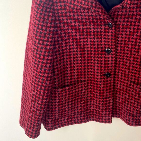 90s Vintage Tweed Jacket Wool Plaid Houndstooth Red 16P Clueless Preppy Academia - Picture 7 of 11